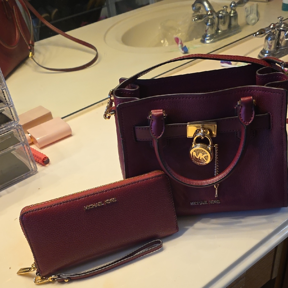 Michael Kors Plum Leather Satchel with Matching Wristlet